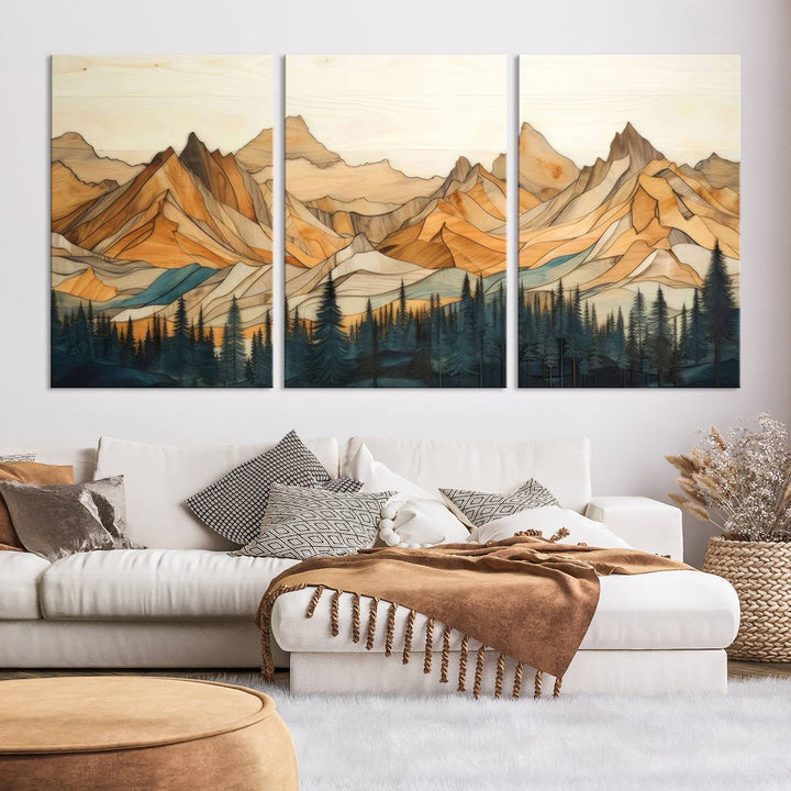 Wood Style Mountain and Forest View Wall Art Canvas Print