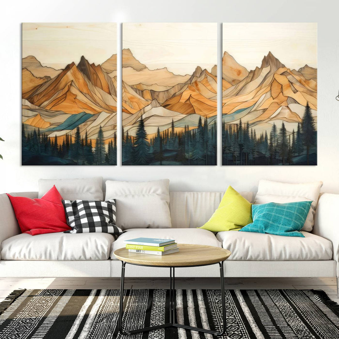 Wood Style Mountain and Forest View Wall Art Canvas Print