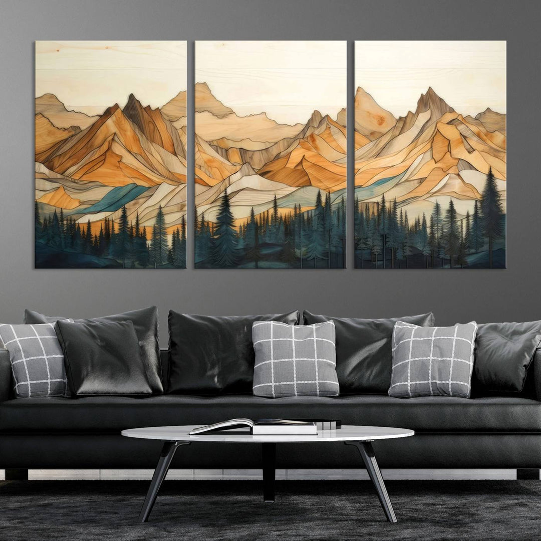 Wood Style Mountain and Forest View Wall Art Canvas Print