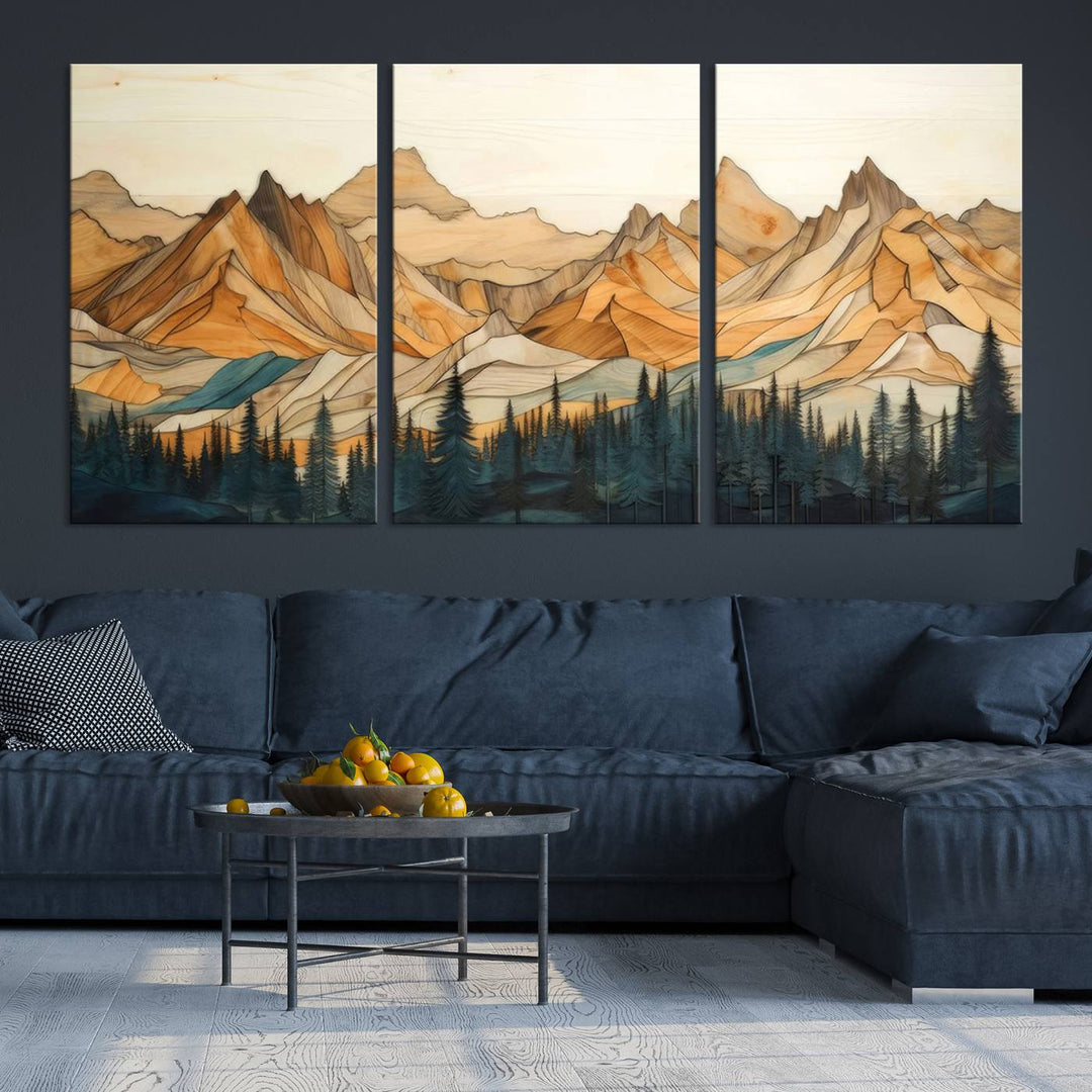 Wood Style Mountain and Forest View Wall Art Canvas Print