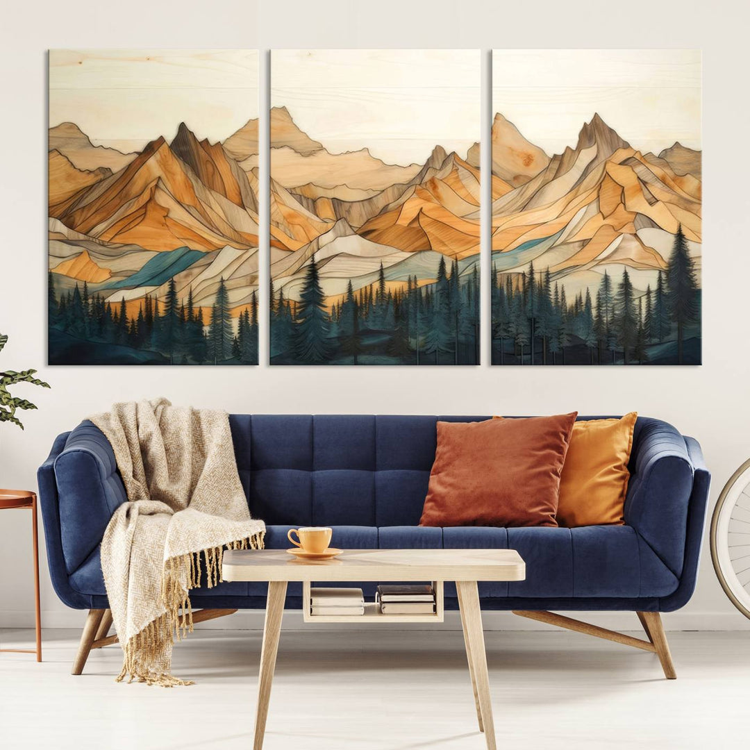 Wood Style Mountain and Forest View Wall Art Canvas Print