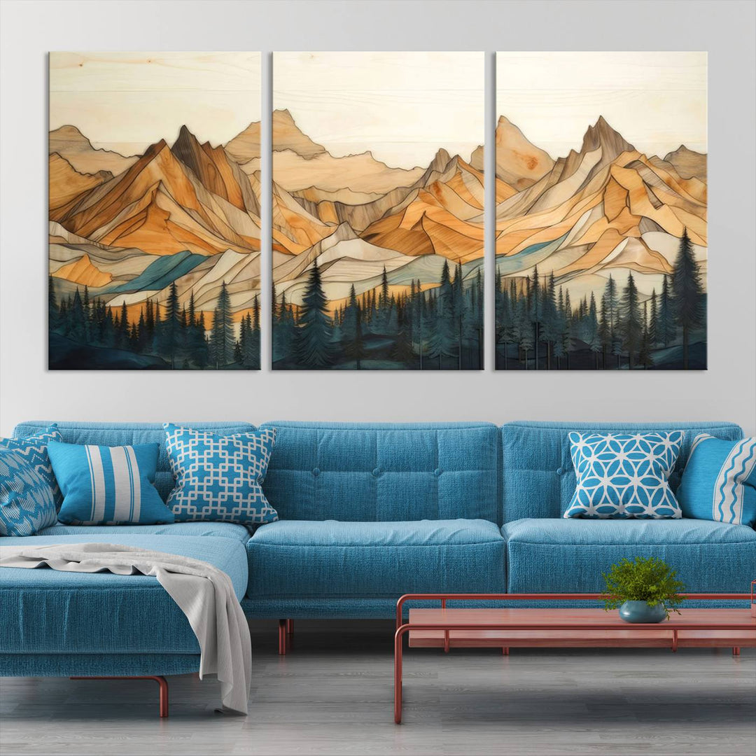 Wood Style Mountain and Forest View Wall Art Canvas Print