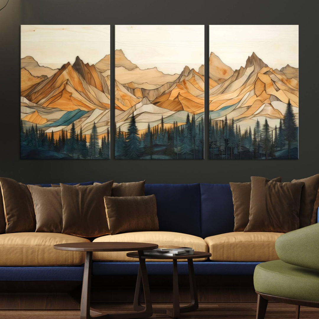 Wood Style Mountain and Forest View Wall Art Canvas Print