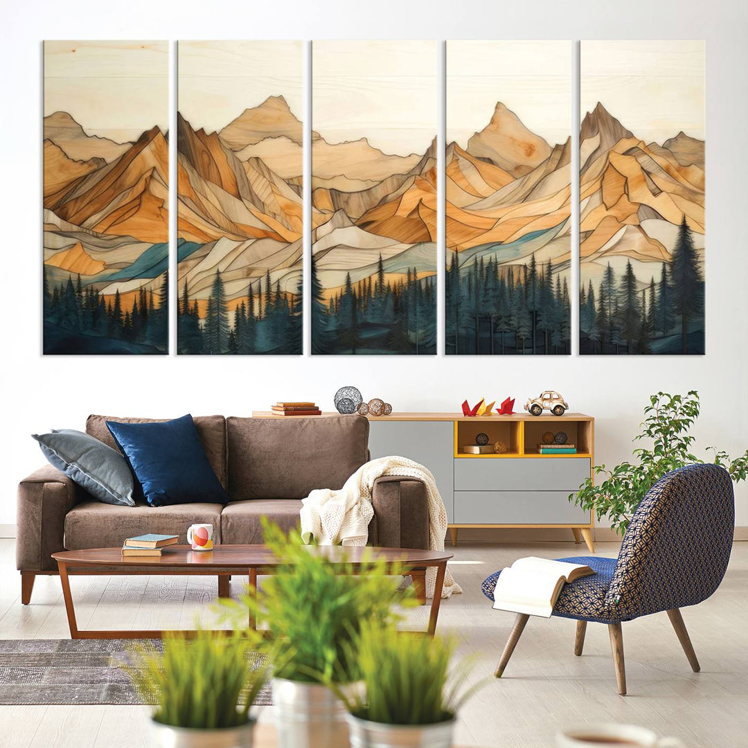 Wood Style Mountain and Forest View Wall Art Canvas Print