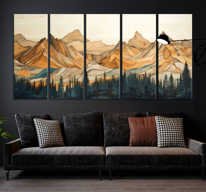 Wood Style Mountain and Forest View Wall Art Canvas Print