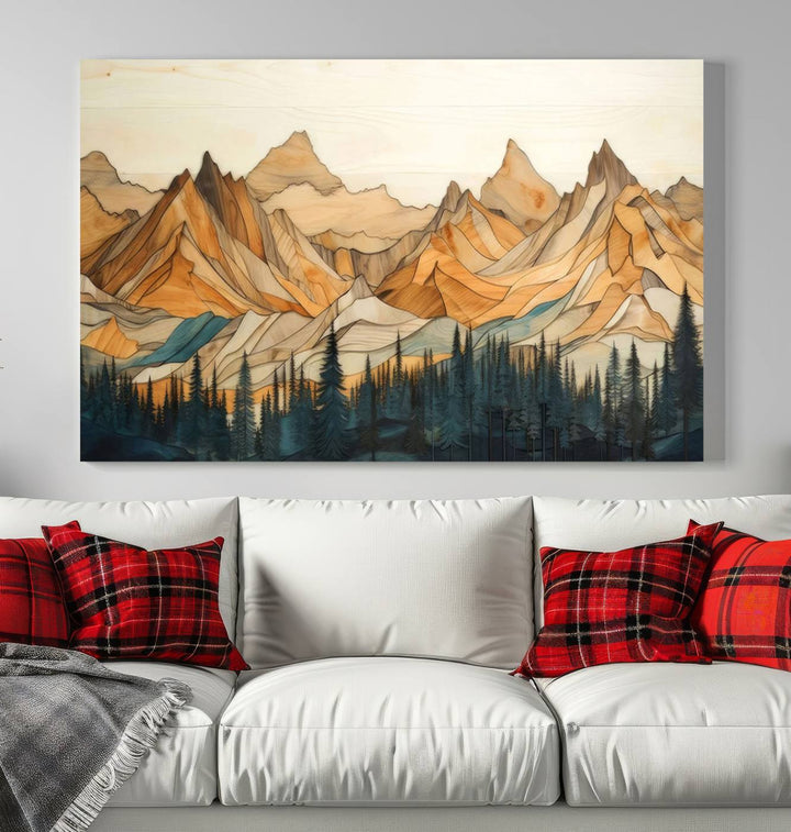 Wood Style Mountain and Forest View Wall Art Canvas Print