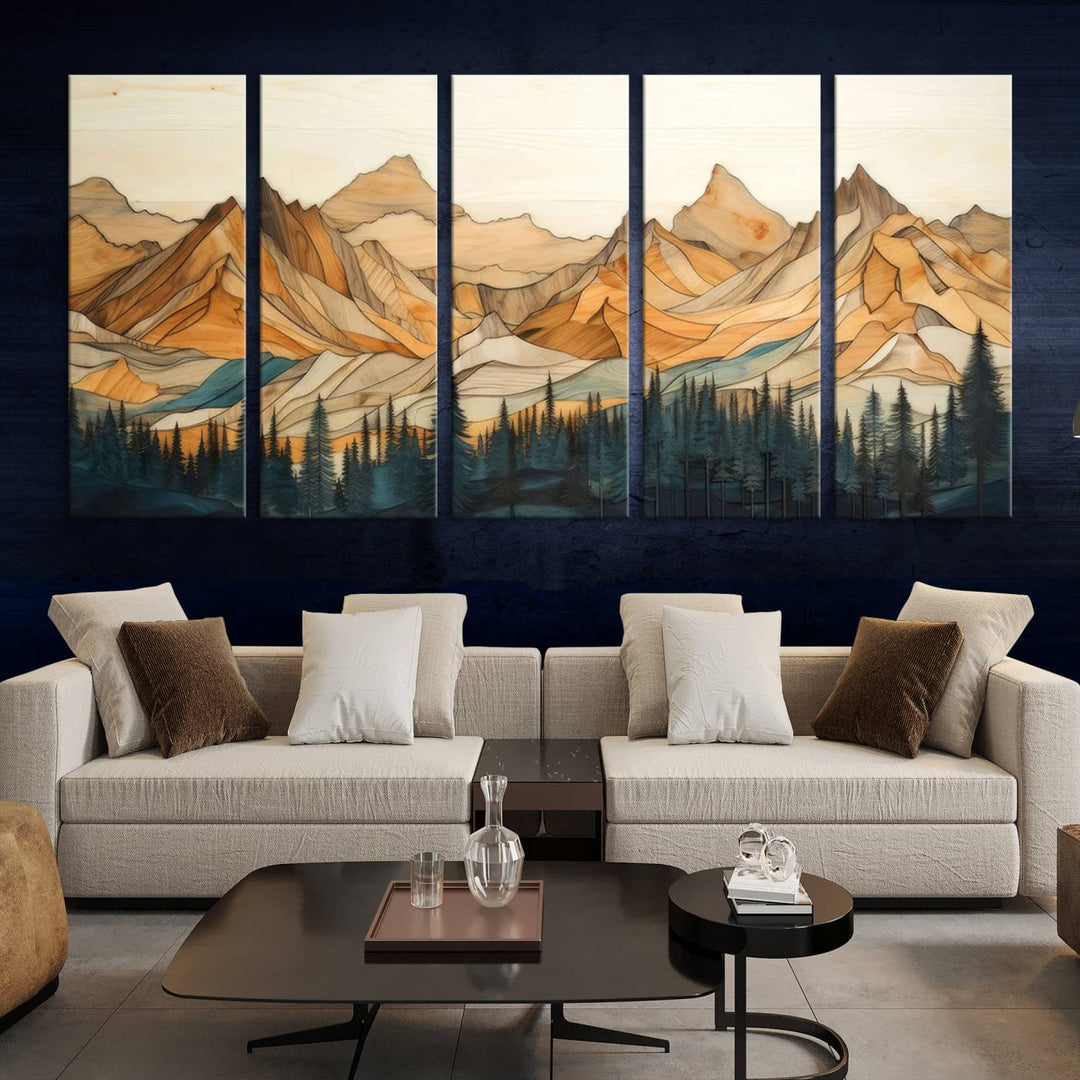 Wood Style Mountain and Forest View Wall Art Canvas Print