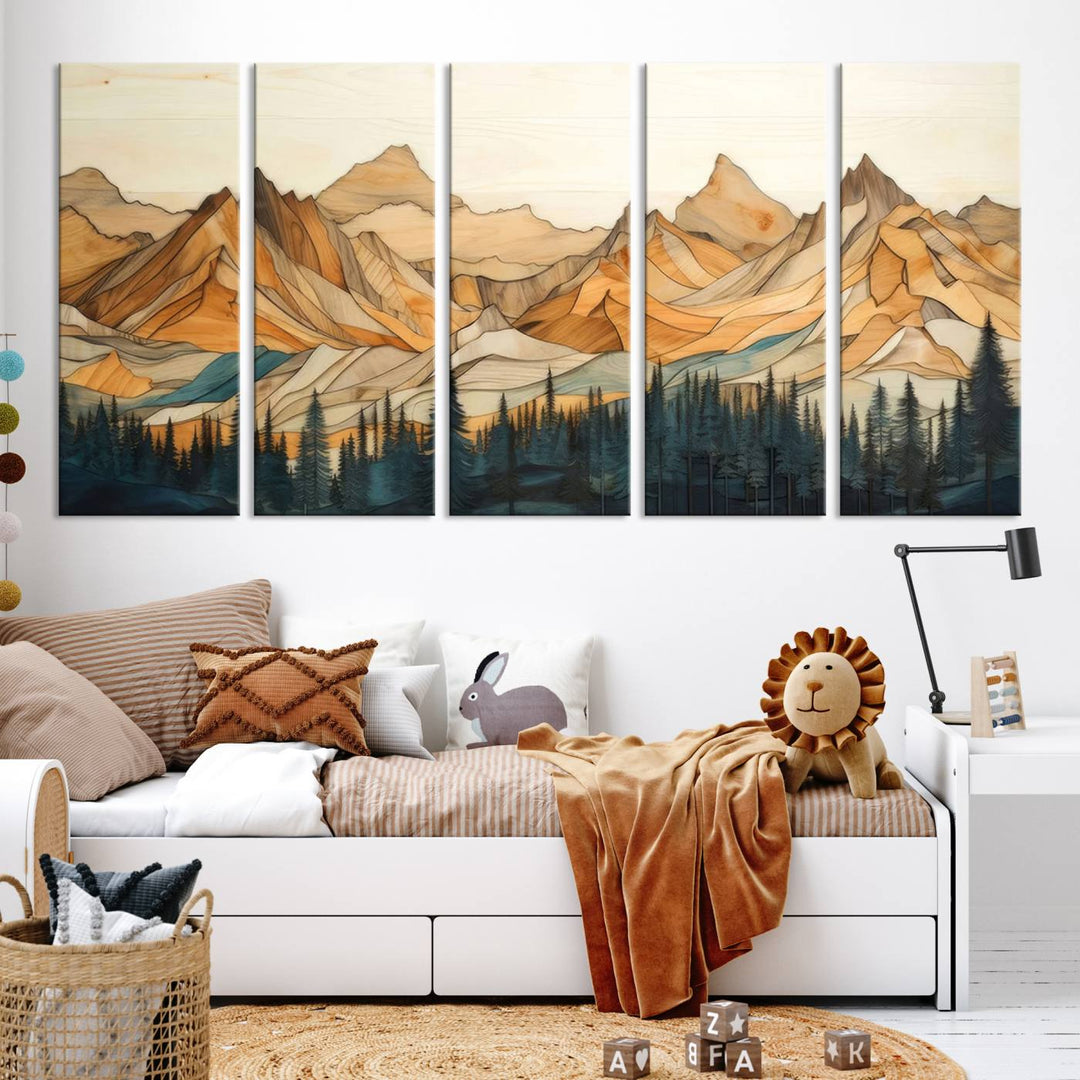 Wood Style Mountain and Forest View Wall Art Canvas Print