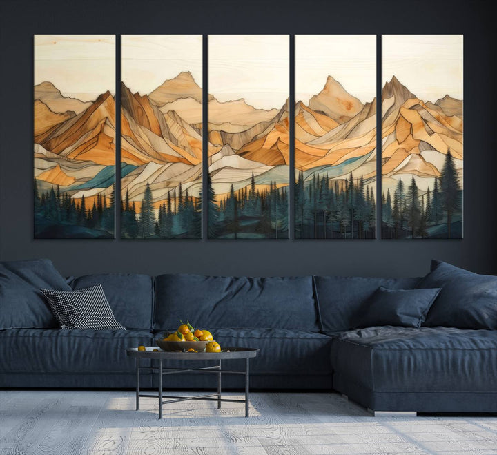 Wood Style Mountain and Forest View Wall Art Canvas Print