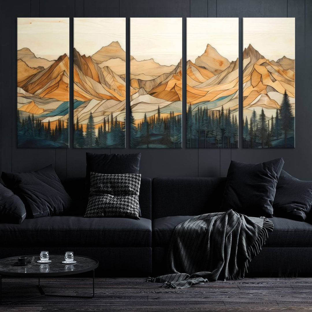 Wood Style Mountain and Forest View Wall Art Canvas Print