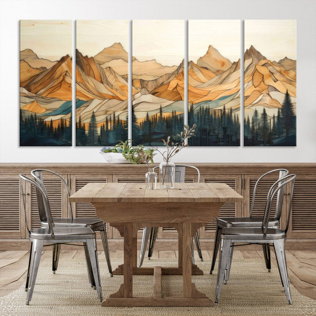 Wood Style Mountain and Forest View Wall Art Canvas Print