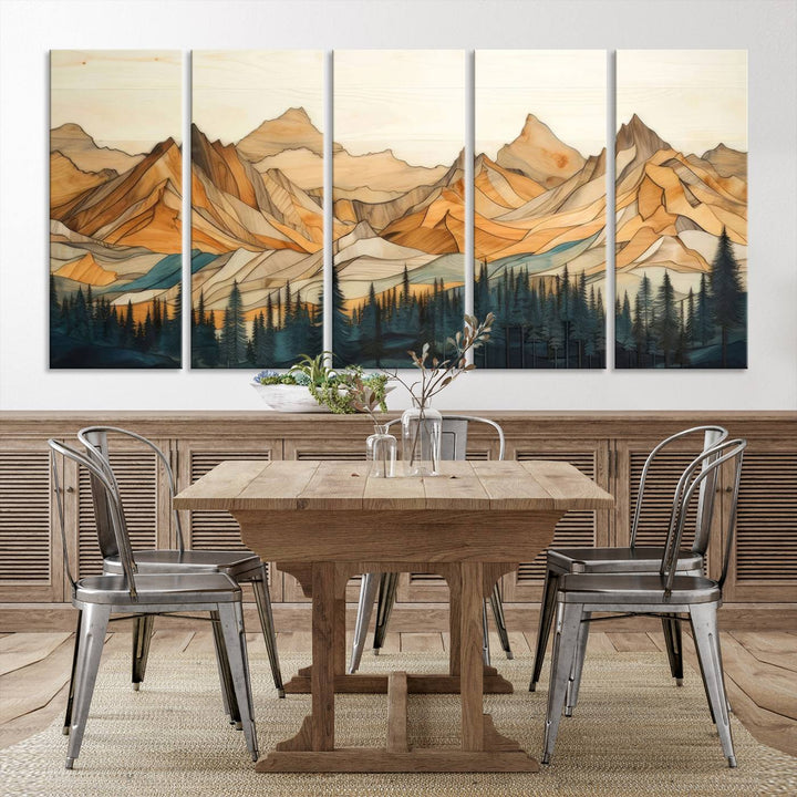 Wood Style Mountain and Forest View Wall Art Canvas Print