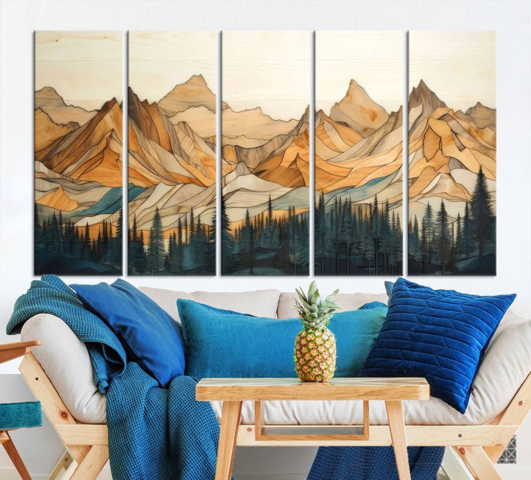 Wood Style Mountain and Forest View Wall Art Canvas Print