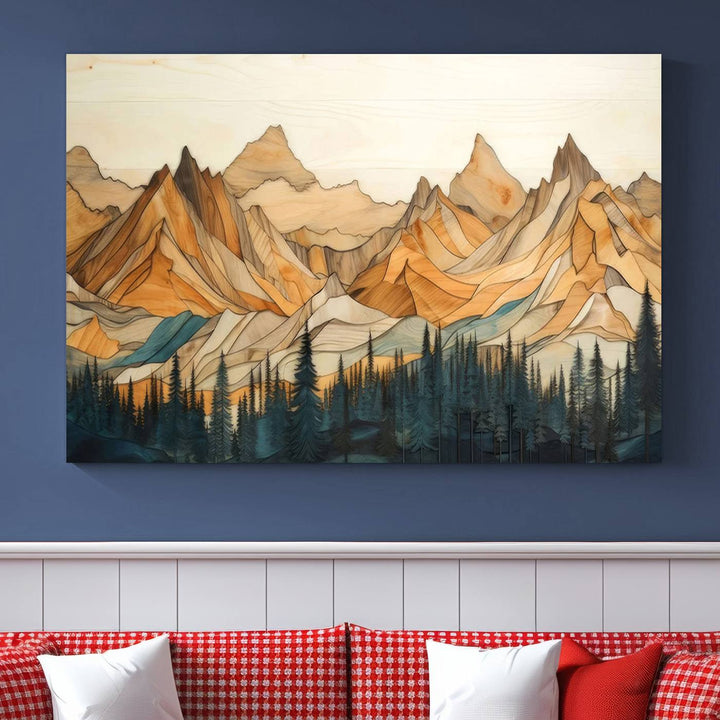 Wood Style Mountain and Forest View Wall Art Canvas Print