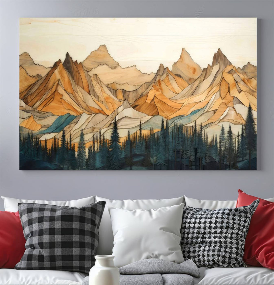 Wood Style Mountain and Forest View Wall Art Canvas Print