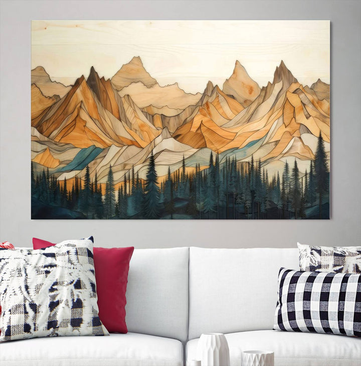 Wood Style Mountain and Forest View Wall Art Canvas Print