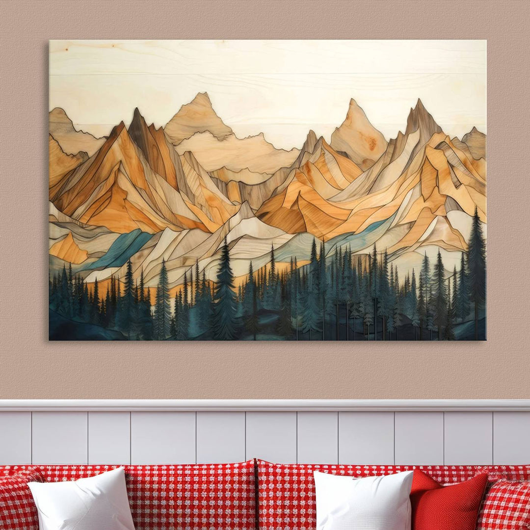 Wood Style Mountain and Forest View Wall Art Canvas Print