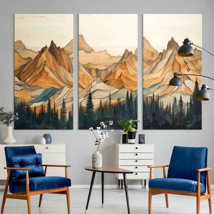 Wood Style Mountain and Forest View Wall Art Canvas Print