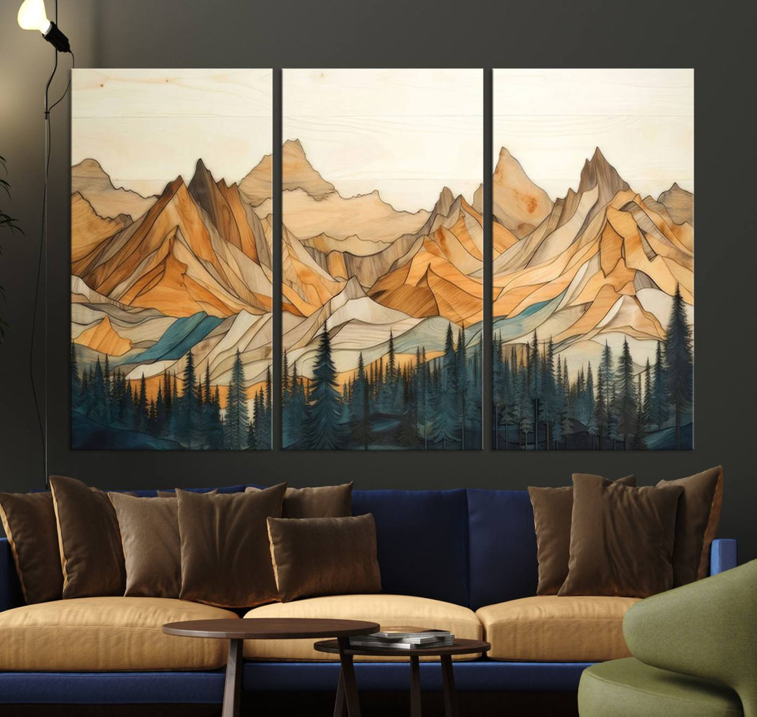 Wood Style Mountain and Forest View Wall Art Canvas Print