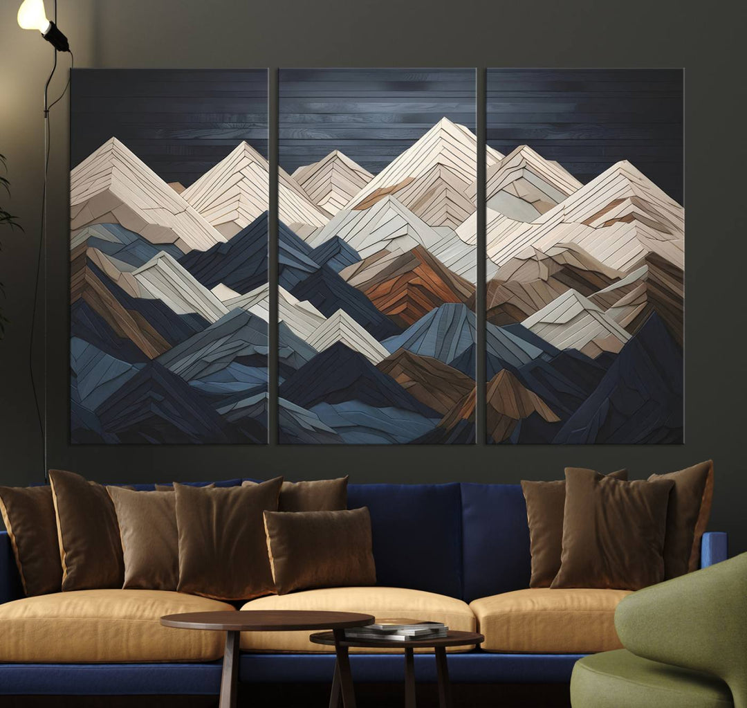 Wooden Mountain Wall Art | Geometric Mountain Canvas Print | Rustic Modern Mountain Art for Living Room, Office, Bedroom