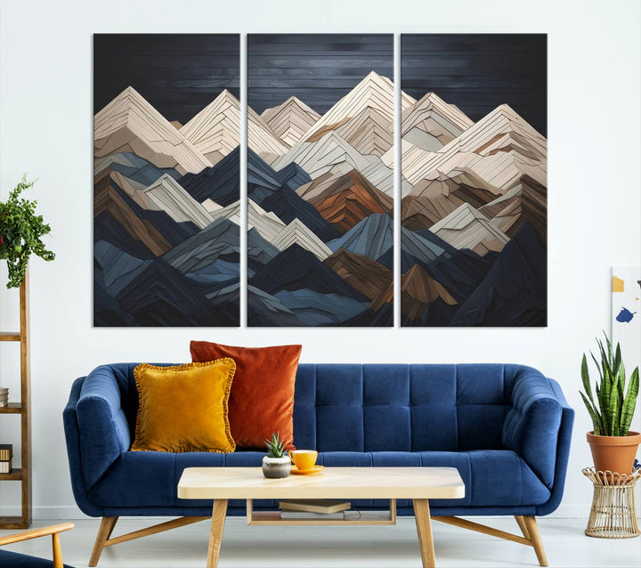 Wooden Mountain Wall Art | Geometric Mountain Canvas Print | Rustic Modern Mountain Art for Living Room, Office, Bedroom