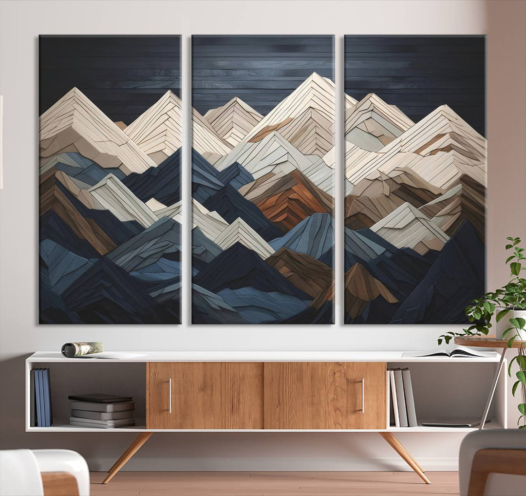 Wooden Mountain Wall Art | Geometric Mountain Canvas Print | Rustic Modern Mountain Art for Living Room, Office, Bedroom