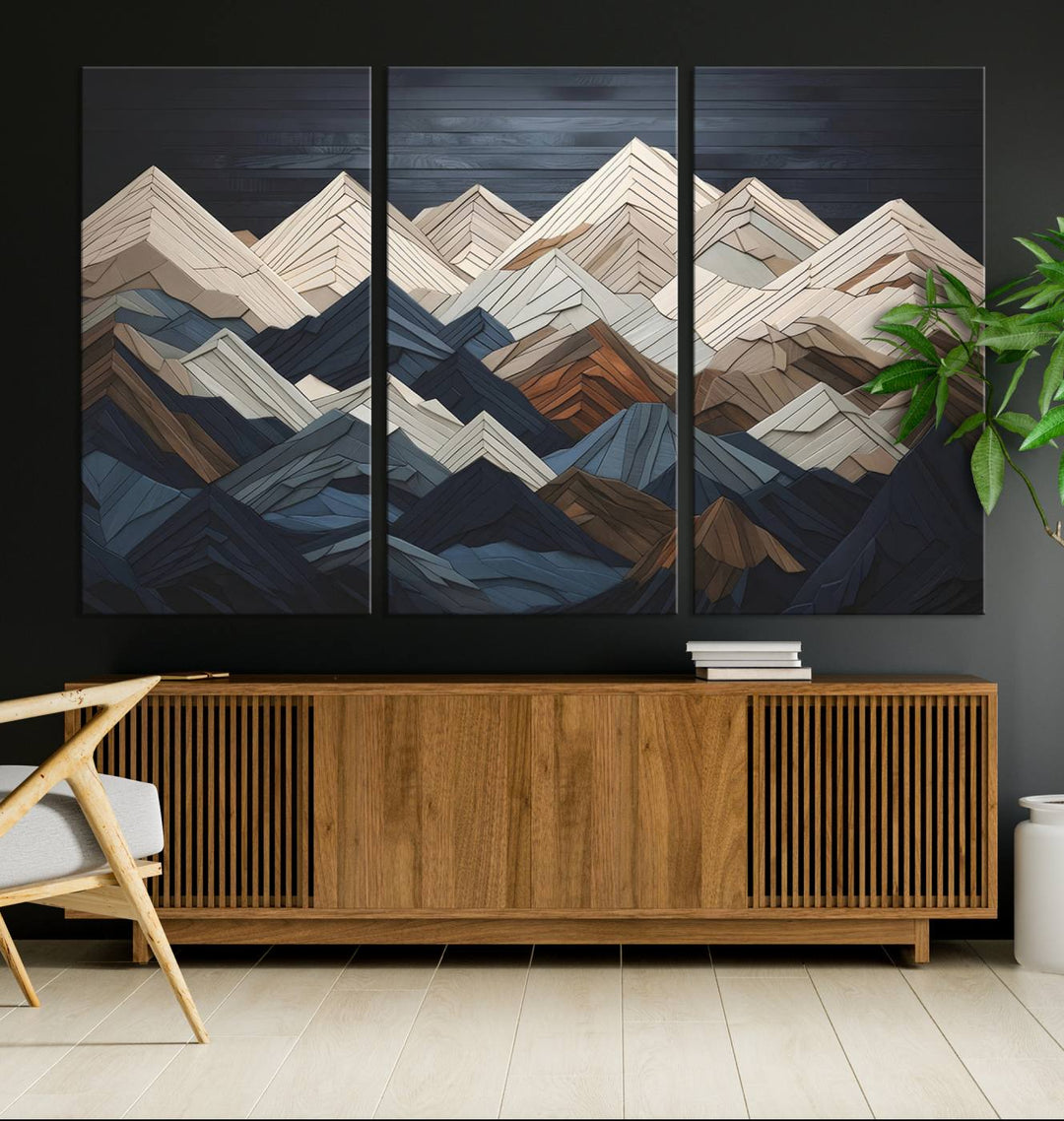 Wooden Mountain Wall Art | Geometric Mountain Canvas Print | Rustic Modern Mountain Art for Living Room, Office, Bedroom