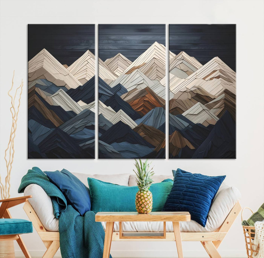 Wooden Mountain Wall Art | Geometric Mountain Canvas Print | Rustic Modern Mountain Art for Living Room, Office, Bedroom