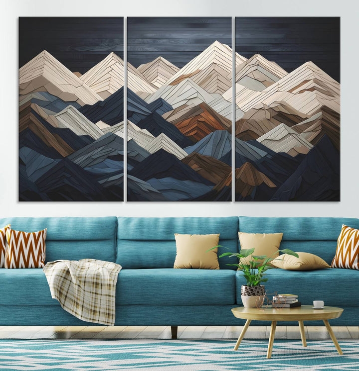 Wooden Mountain Wall Art | Geometric Mountain Canvas Print | Rustic Modern Mountain Art for Living Room, Office, Bedroom