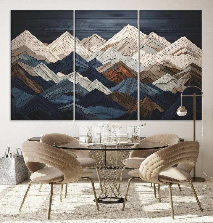 Wooden Mountain Wall Art | Geometric Mountain Canvas Print | Rustic Modern Mountain Art for Living Room, Office, Bedroom