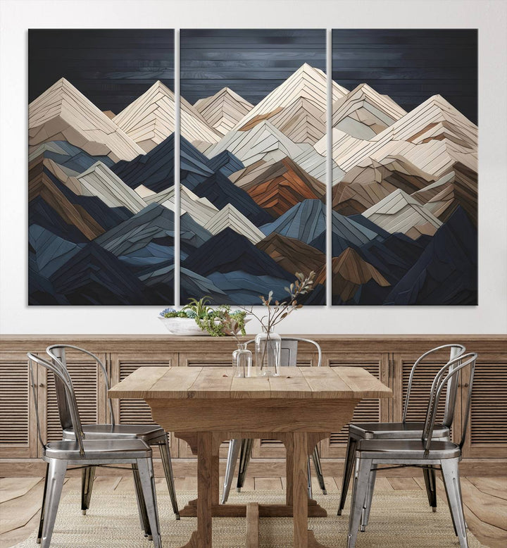 Wooden Mountain Wall Art | Geometric Mountain Canvas Print | Rustic Modern Mountain Art for Living Room, Office, Bedroom