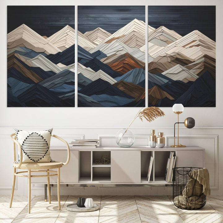 Wooden Mountain Wall Art | Geometric Mountain Canvas Print | Rustic Modern Mountain Art for Living Room, Office, Bedroom