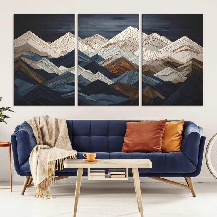 Wooden Mountain Wall Art | Geometric Mountain Canvas Print | Rustic Modern Mountain Art for Living Room, Office, Bedroom