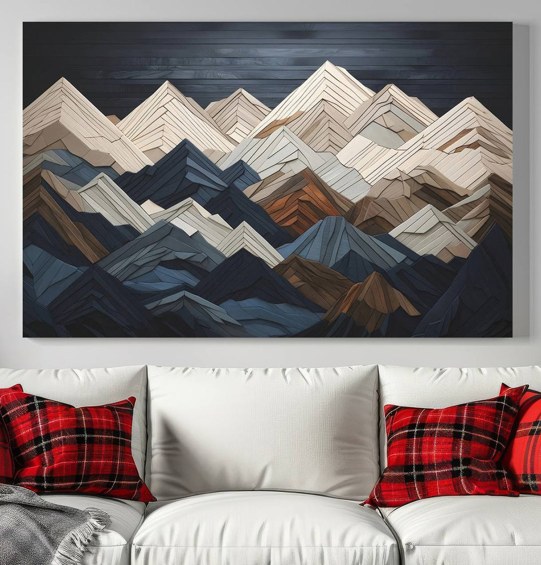 Wooden Mountain Wall Art | Geometric Mountain Canvas Print | Rustic Modern Mountain Art for Living Room, Office, Bedroom