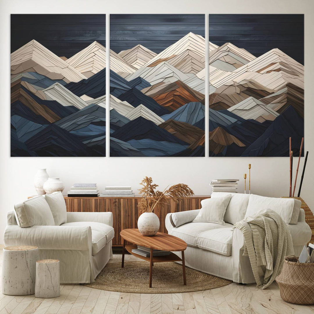 Wooden Mountain Wall Art | Geometric Mountain Canvas Print | Rustic Modern Mountain Art for Living Room, Office, Bedroom