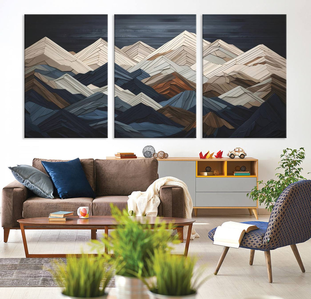 Wooden Mountain Wall Art | Geometric Mountain Canvas Print | Rustic Modern Mountain Art for Living Room, Office, Bedroom