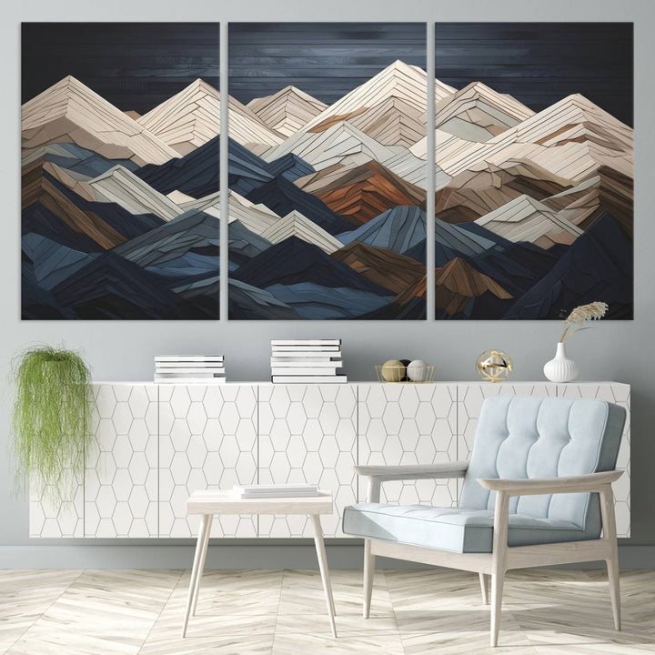 Wooden Mountain Wall Art | Geometric Mountain Canvas Print | Rustic Modern Mountain Art for Living Room, Office, Bedroom