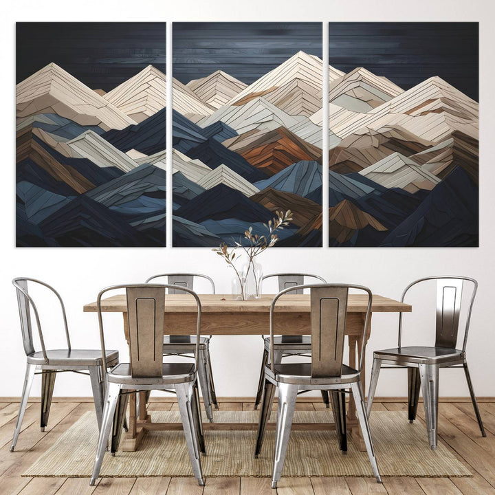 Wooden Mountain Wall Art | Geometric Mountain Canvas Print | Rustic Modern Mountain Art for Living Room, Office, Bedroom