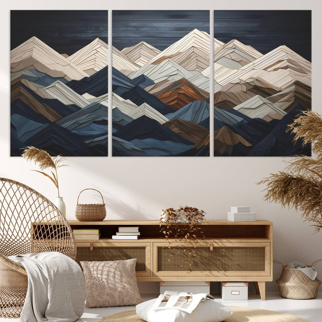 Wooden Mountain Wall Art | Geometric Mountain Canvas Print | Rustic Modern Mountain Art for Living Room, Office, Bedroom