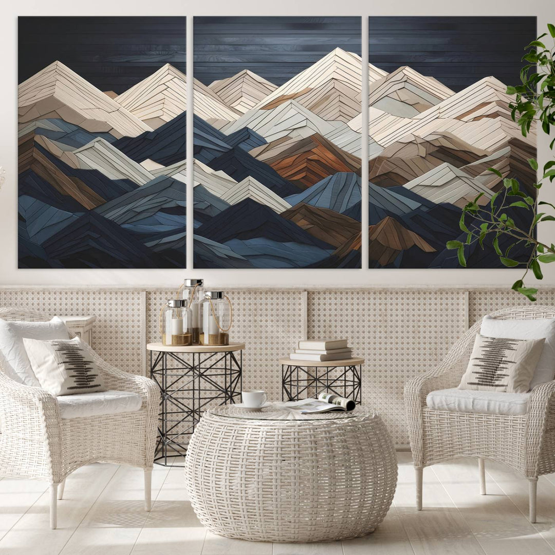 Wooden Mountain Wall Art | Geometric Mountain Canvas Print | Rustic Modern Mountain Art for Living Room, Office, Bedroom