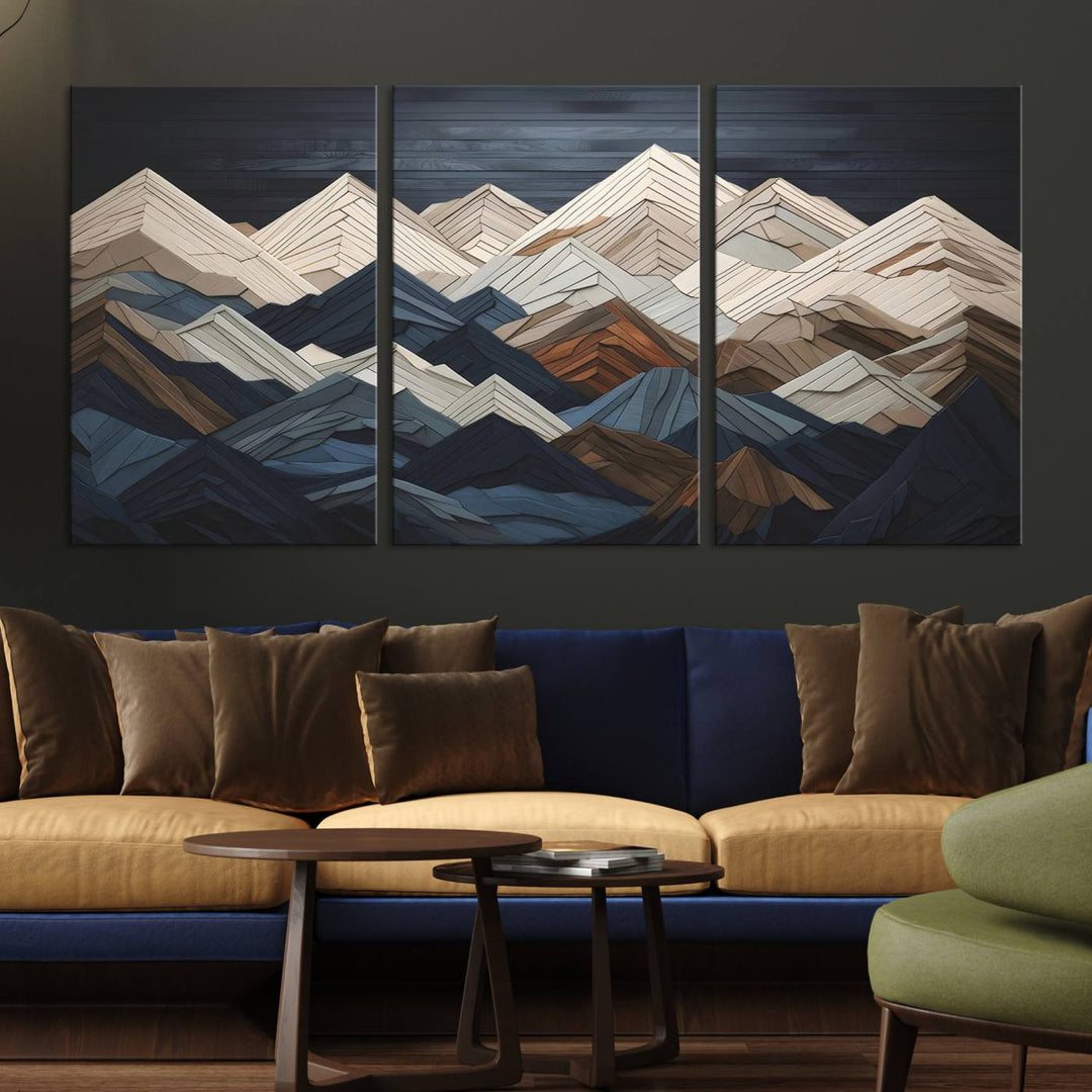 Wooden Mountain Wall Art | Geometric Mountain Canvas Print | Rustic Modern Mountain Art for Living Room, Office, Bedroom