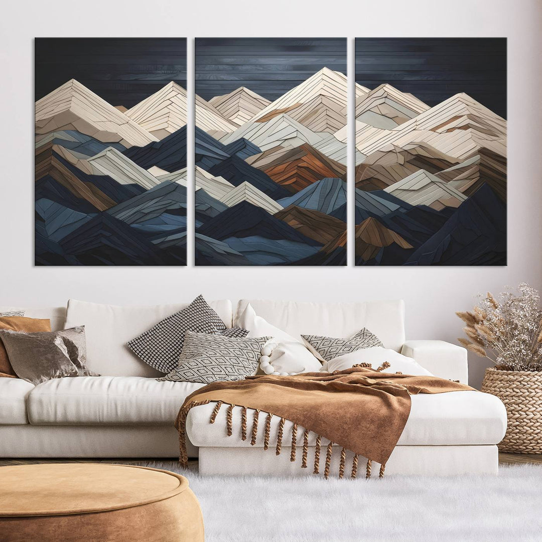 Wooden Mountain Wall Art | Geometric Mountain Canvas Print | Rustic Modern Mountain Art for Living Room, Office, Bedroom