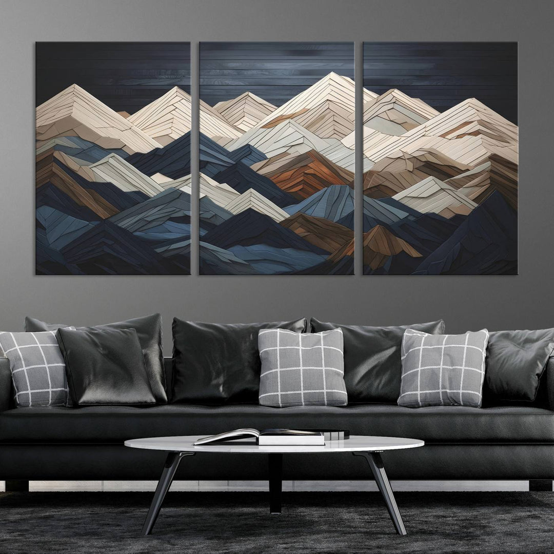 Wooden Mountain Wall Art | Geometric Mountain Canvas Print | Rustic Modern Mountain Art for Living Room, Office, Bedroom