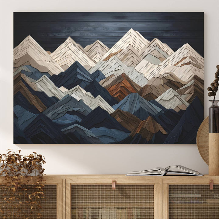 Wooden Mountain Wall Art | Geometric Mountain Canvas Print | Rustic Modern Mountain Art for Living Room, Office, Bedroom