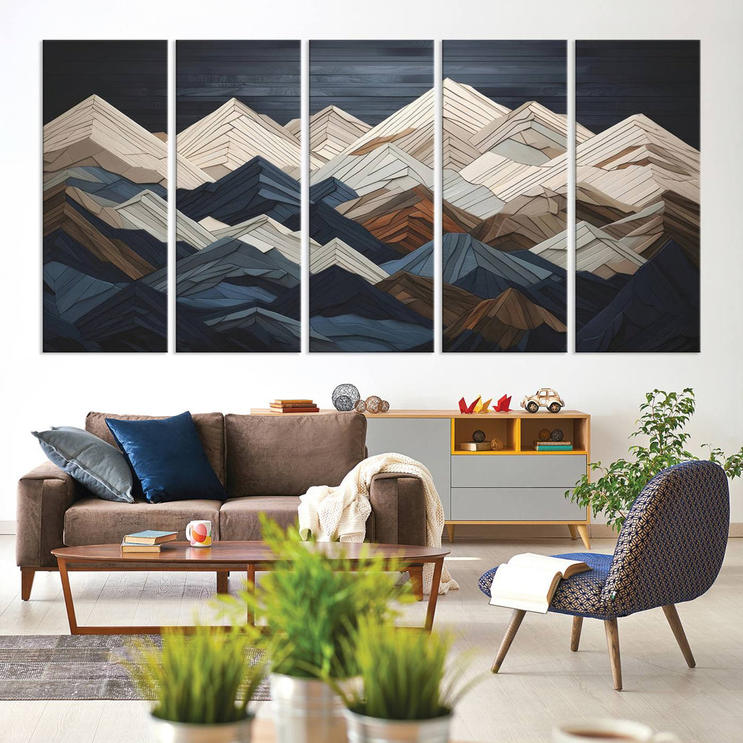 Wooden Mountain Wall Art | Geometric Mountain Canvas Print | Rustic Modern Mountain Art for Living Room, Office, Bedroom