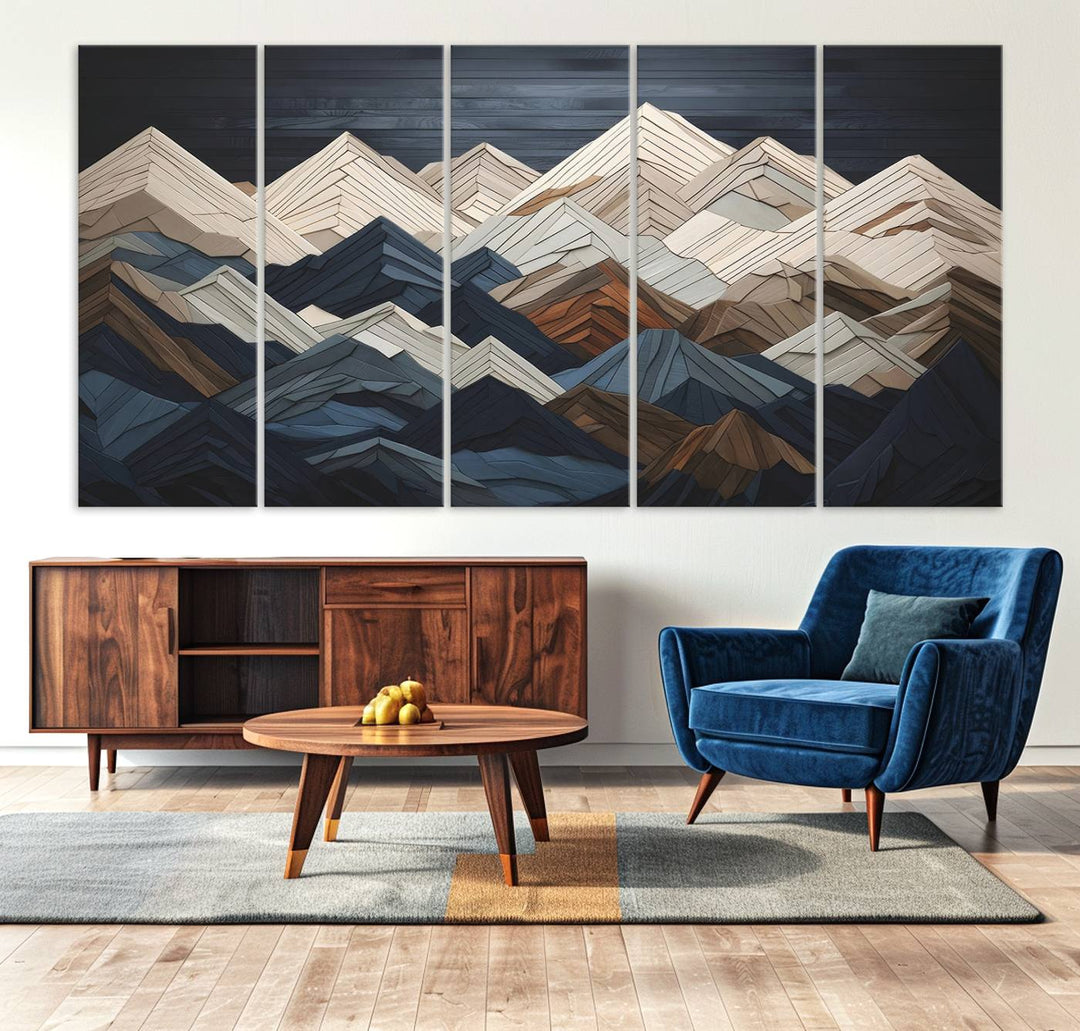 Wooden Mountain Wall Art | Geometric Mountain Canvas Print | Rustic Modern Mountain Art for Living Room, Office, Bedroom