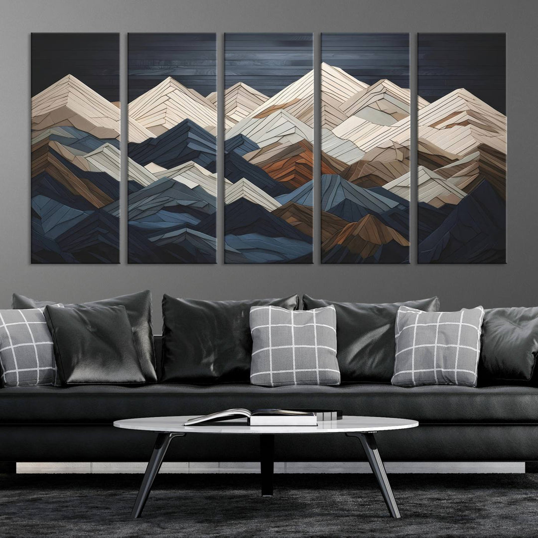 Wooden Mountain Wall Art | Geometric Mountain Canvas Print | Rustic Modern Mountain Art for Living Room, Office, Bedroom