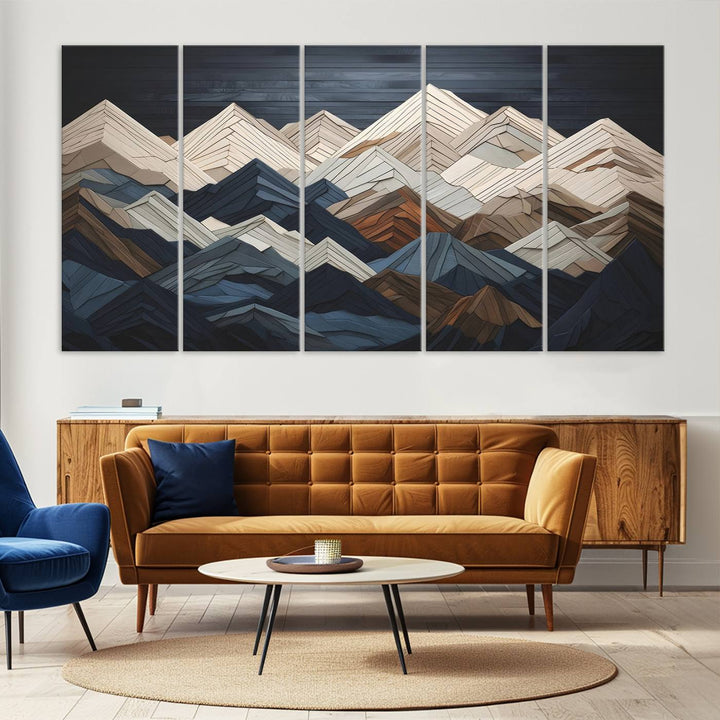 Wooden Mountain Wall Art | Geometric Mountain Canvas Print | Rustic Modern Mountain Art for Living Room, Office, Bedroom