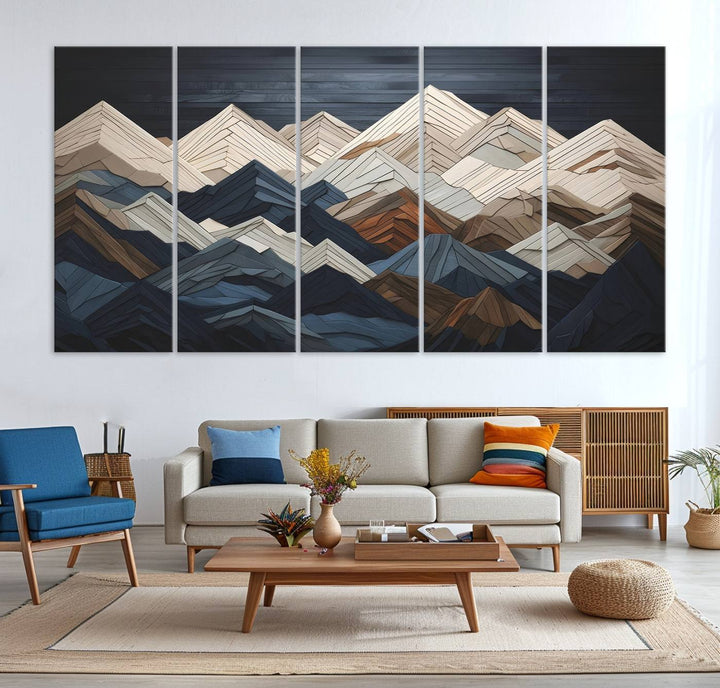 Wooden Mountain Wall Art | Geometric Mountain Canvas Print | Rustic Modern Mountain Art for Living Room, Office, Bedroom