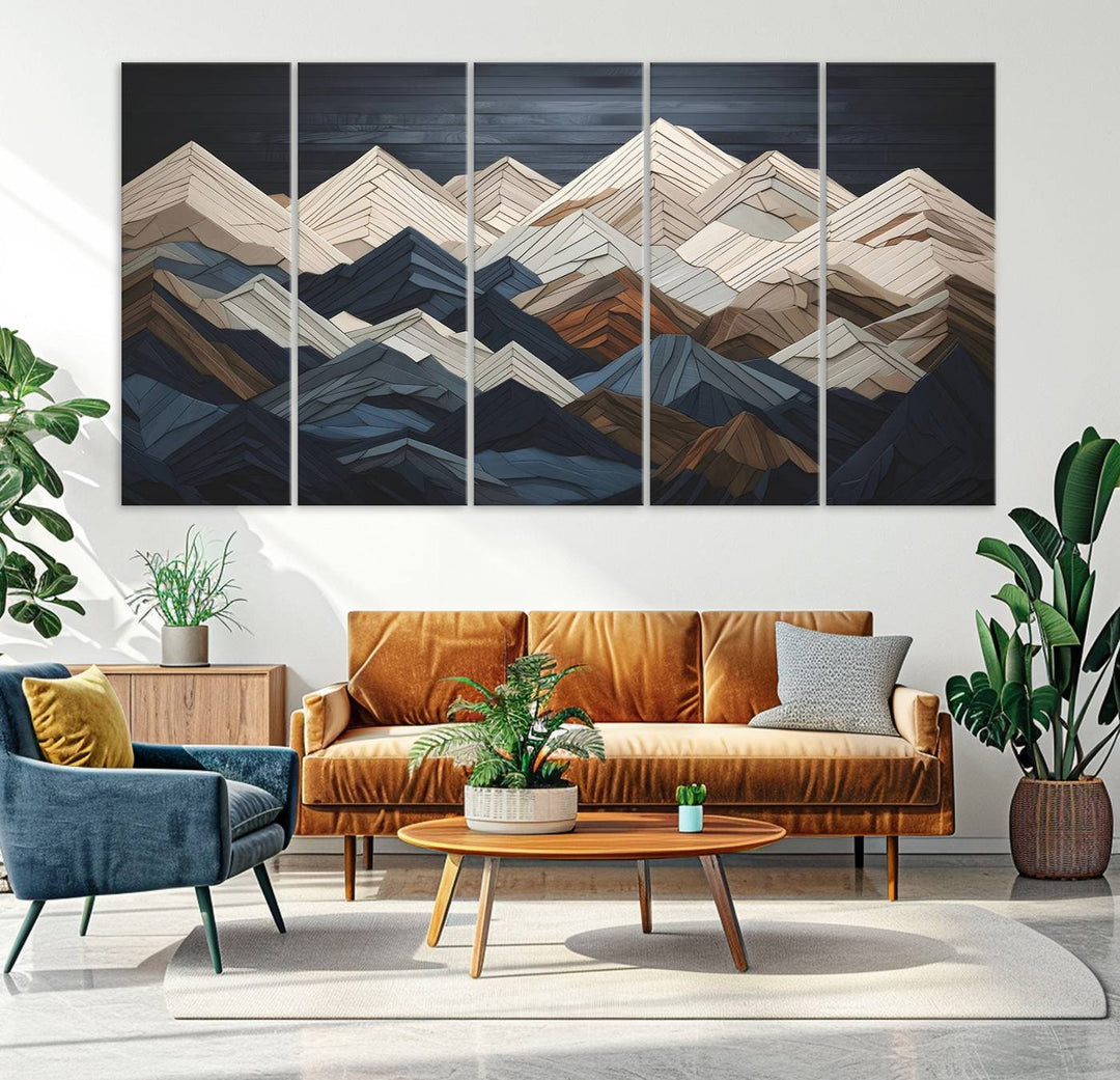 Wooden Mountain Wall Art | Geometric Mountain Canvas Print | Rustic Modern Mountain Art for Living Room, Office, Bedroom